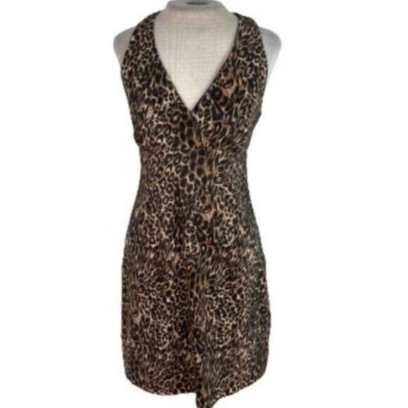 Connected Petite Animal Print Keyhole Back Mini Dress Brown 8 P Petite - Picture 1 of 9